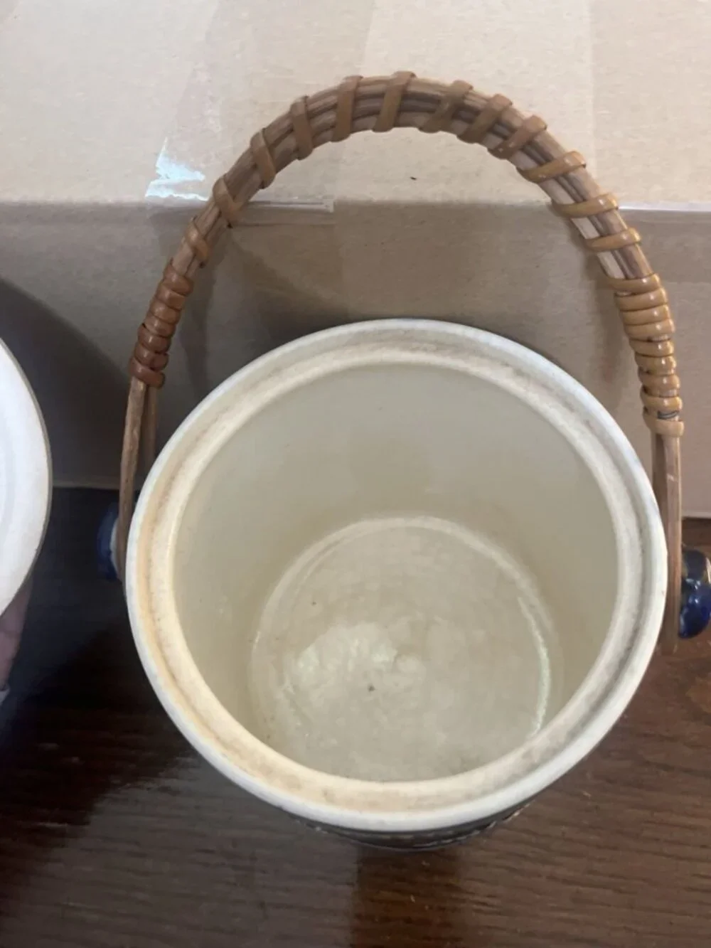 Vintage 1950 Salt Glaze Tobacco Jar Biscuit Japan Bosque Ice Bucket Wheat Wicker